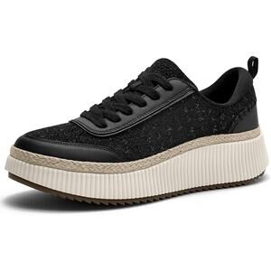New Airhas Womens 7.5 Black Sparkle Espadrille Lace Up Platform Sneaker Shoes